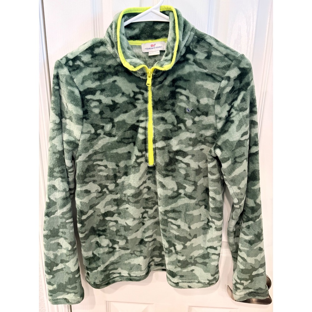 Vineyard Vines Fleece Pullover Green Camo Neon Trim Quarter Zip XS Sweatshirt